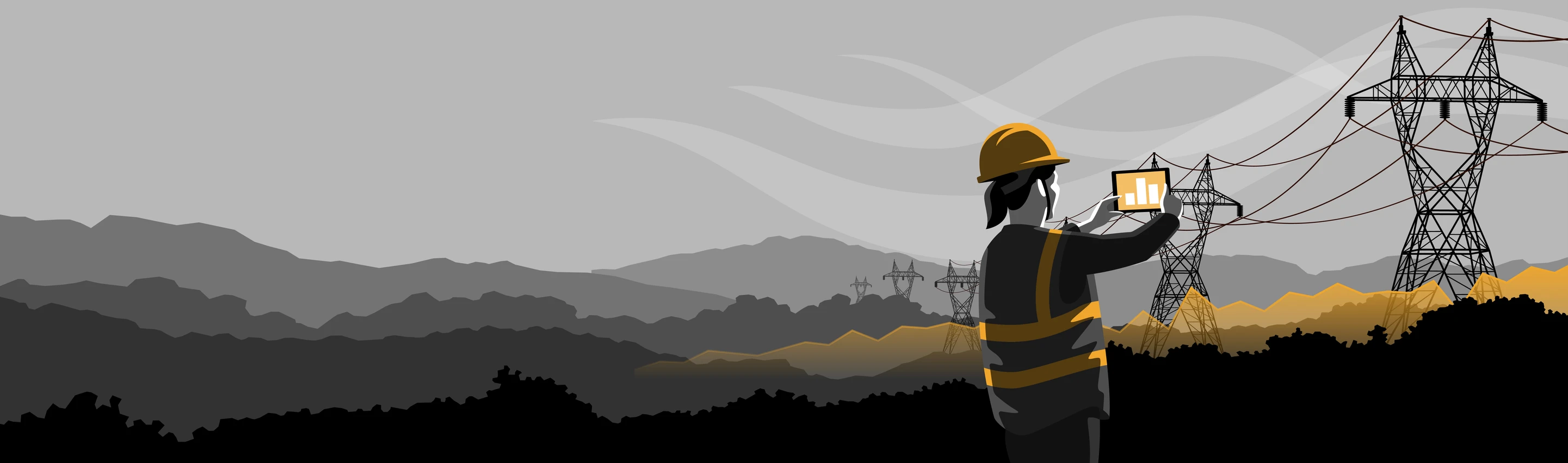 A grid operator reviewing live line-rating data on a tablet beneath high-voltage transmission towers