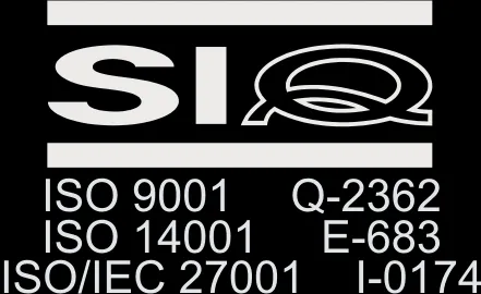 SIQ certification mark covering ISO 9001 (Q-2362), ISO 14001 (E-683) and ISO/IEC 27001 (I-0174)